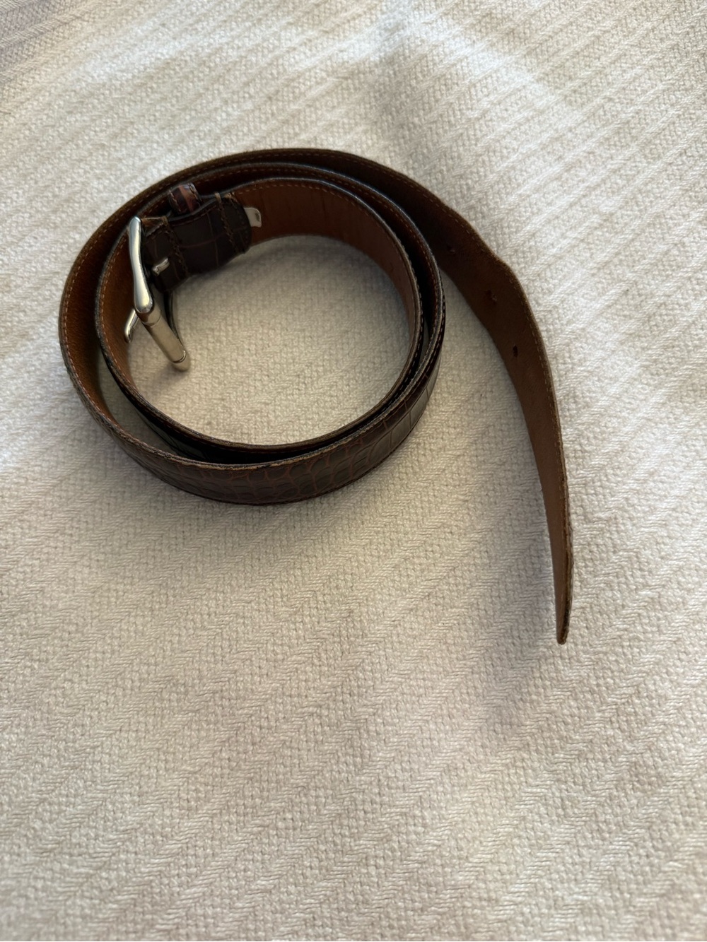 Men's Ralph Lauren Croc-Embossed Brown Leather Belt with Silver Buckle